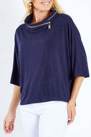 Model Bianca wearing size S of the Zip Neck Bat Wing Tunic in colour Dnavy (Blue), from the front, cropped image
