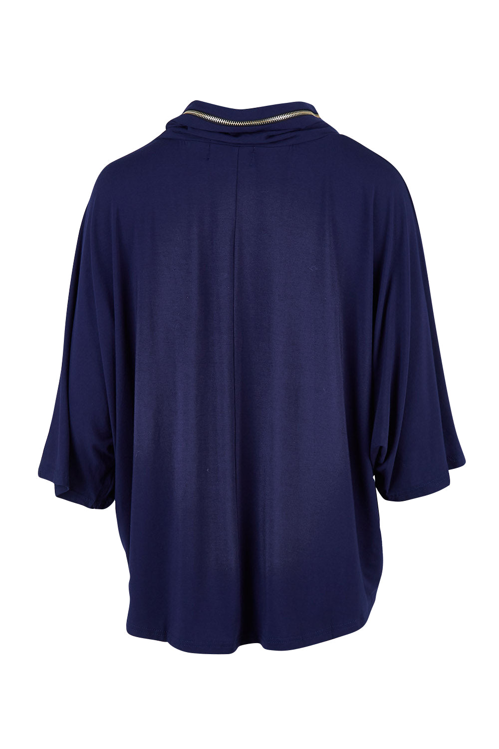 Product shot of the Zip Neck Bat Wing Tunic in colour Dnavy (Blue), from the back