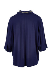 Product shot of the Zip Neck Bat Wing Tunic in colour Dnavy (Blue), from the back