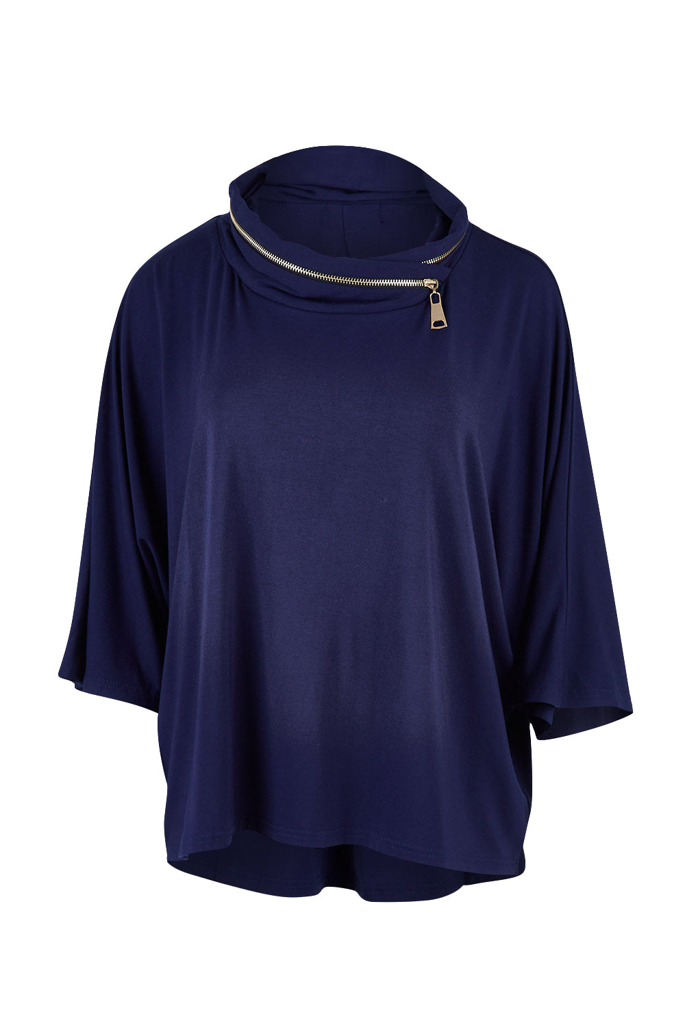 Product shot of the Zip Neck Bat Wing Tunic in colour Dnavy (Blue), from the front