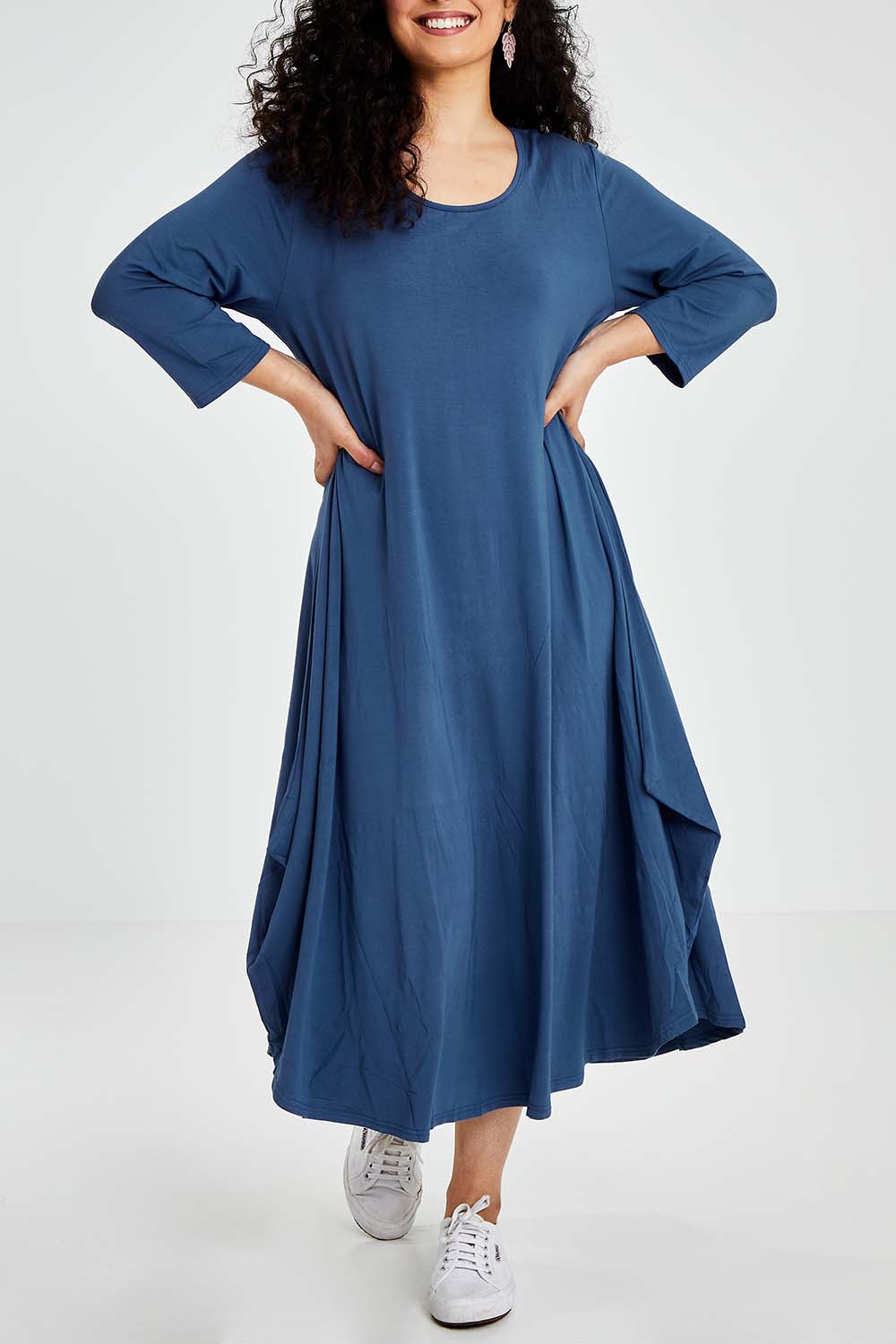 Model Bernadette wearing size S of the 3/4 Sleeve Bamboo Maxi Dress in colour Denim (Blue), from the front, cropped image
