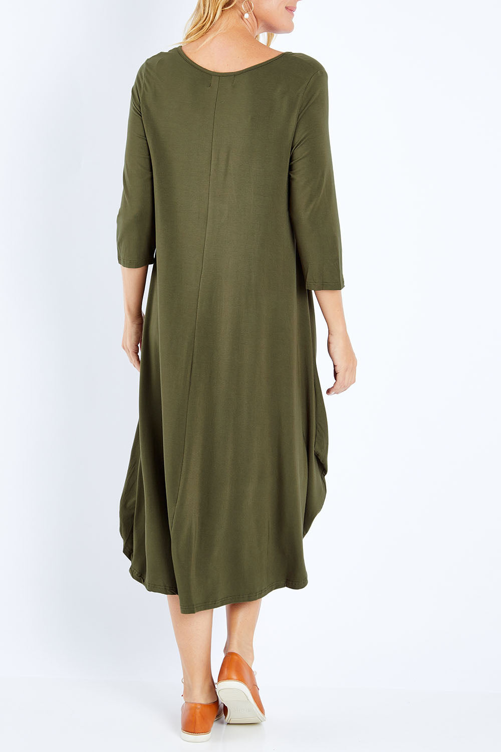 Model Bianca wearing size S of the 3/4 Sleeve Bamboo Maxi Dress in colour Olive (Green), from the back