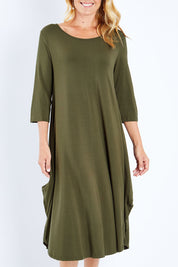 Model Bianca wearing size S of the 3/4 Sleeve Bamboo Maxi Dress in colour Olive (Green), from the front, cropped image