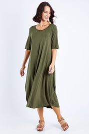 Model Andrea wearing size S of the Half Sleeve Bamboo Maxi Dress in colour Olive (Green), from the front, showing the whole outfit