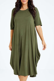 Model Laura wearing size L of the Half Sleeve Bamboo Maxi Dress in colour Olive (Green), from the front, cropped image