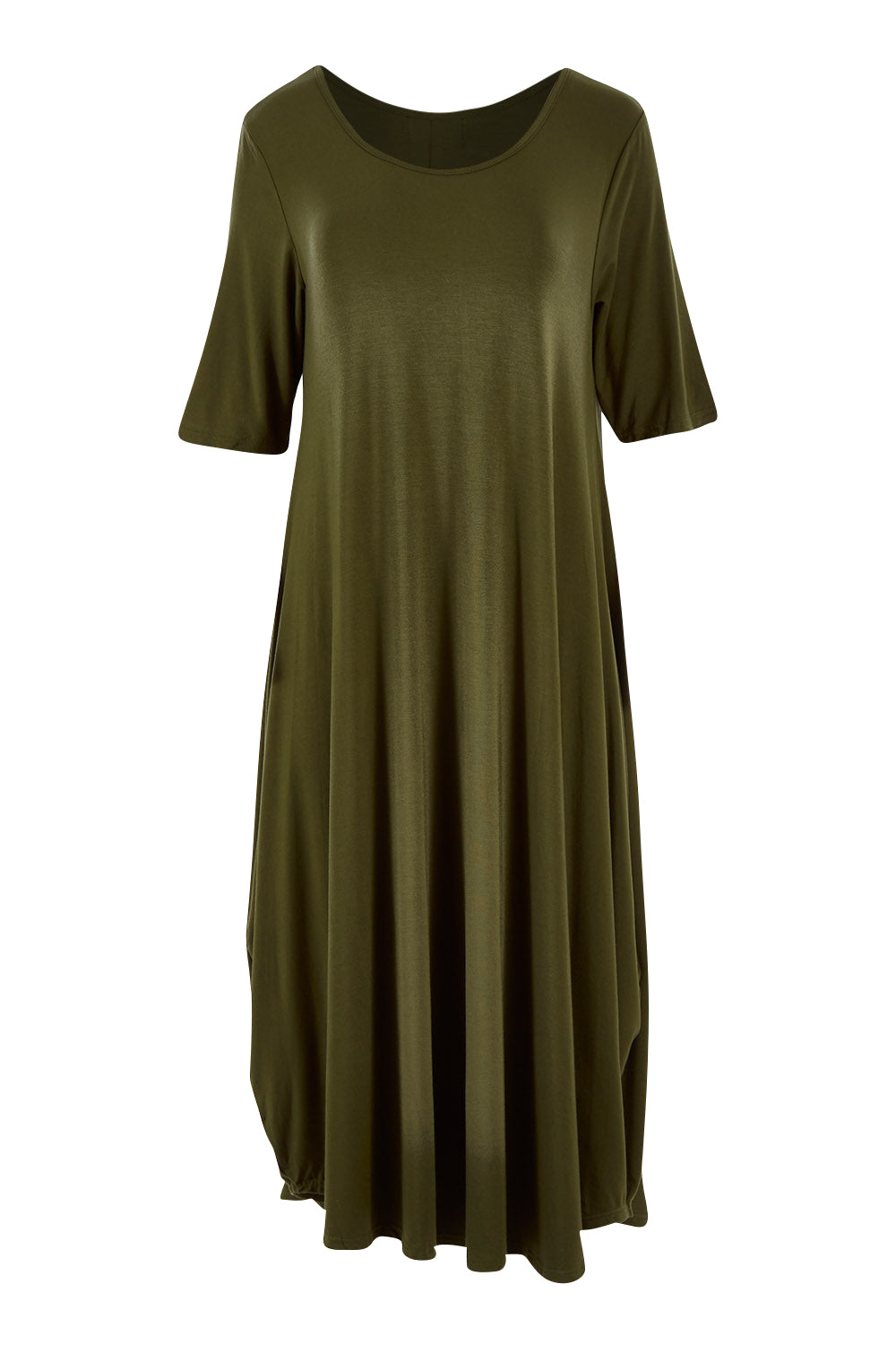 Product shot of the Half Sleeve Bamboo Maxi Dress in colour Olive (Green), from the front