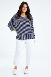 Model Laura wearing size L of the 3/4 Sleeve Stripe Bamboo Top in colour Darknavy (Blue), from the front, showing the whole outfit
