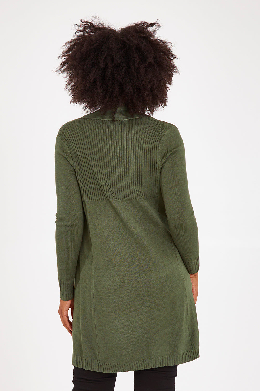 Model Olivia wearing size S of the Long Sleeve Open Ribbed Cardigan in colour Armygreen (Green), from the back