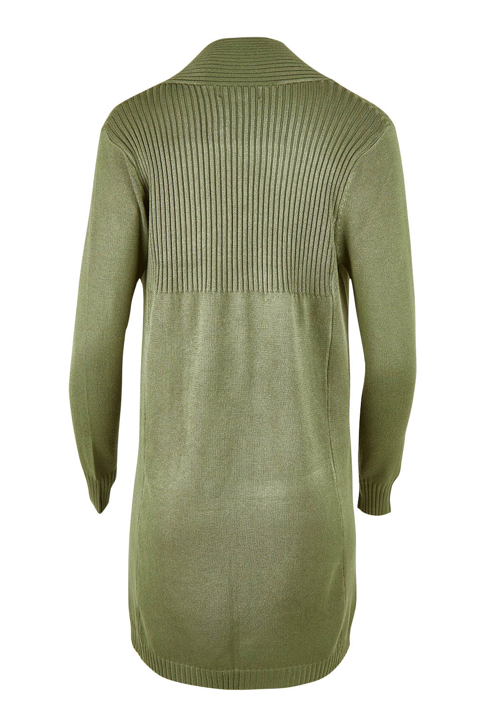 Product shot of the Long Sleeve Open Ribbed Cardigan in colour Armygreen (Green), from the back