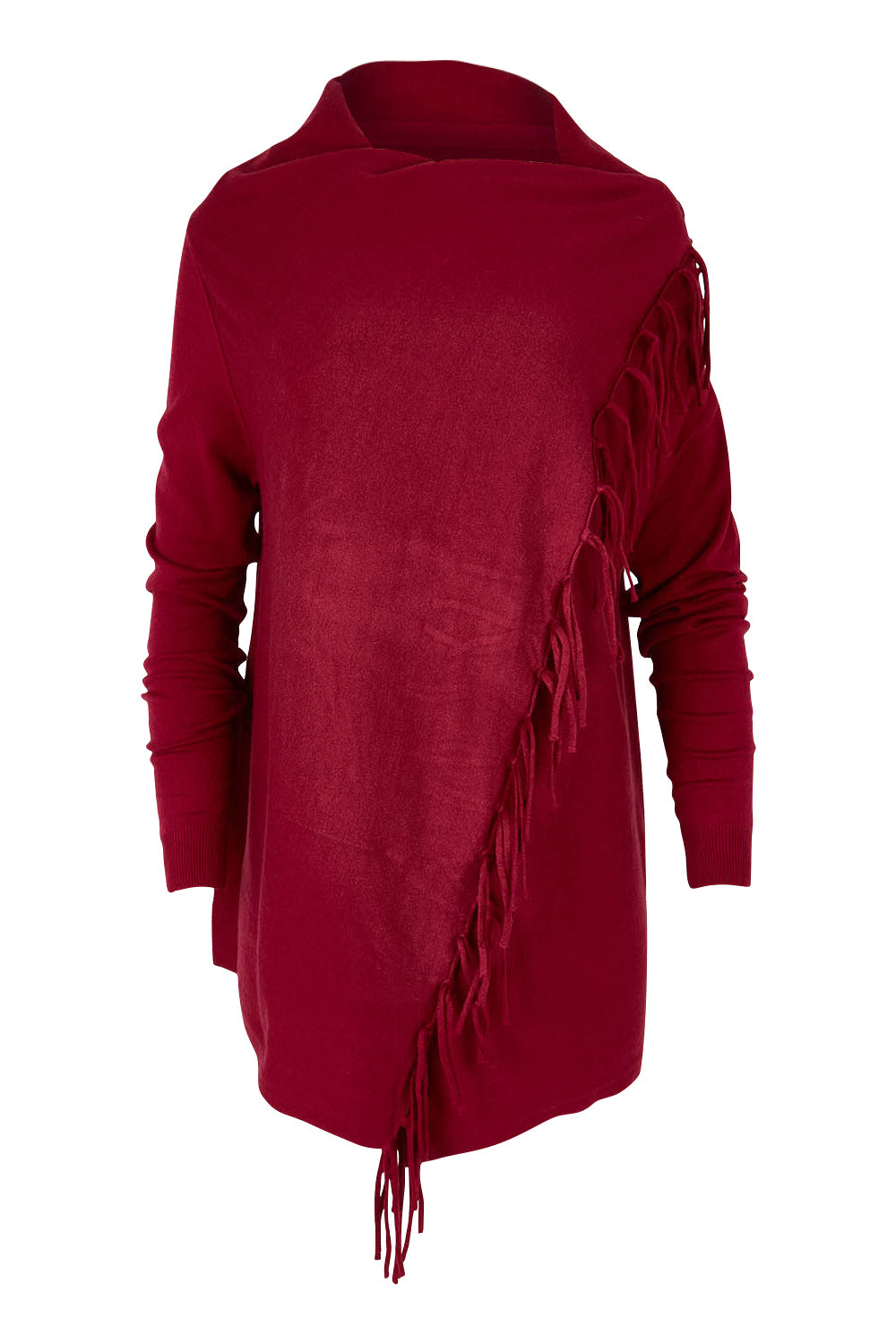 Product shot of the Long Sleeve Knit Poncho in colour Burgundy (Red), from the front