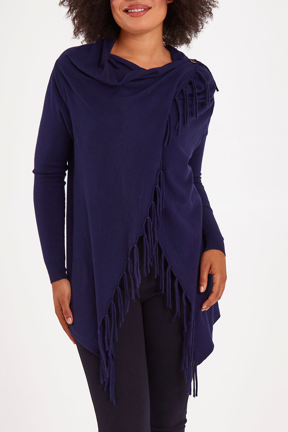 Model Olivia wearing size S of the Long Sleeve Knit Poncho in colour Navy (Blue), from the front, cropped image