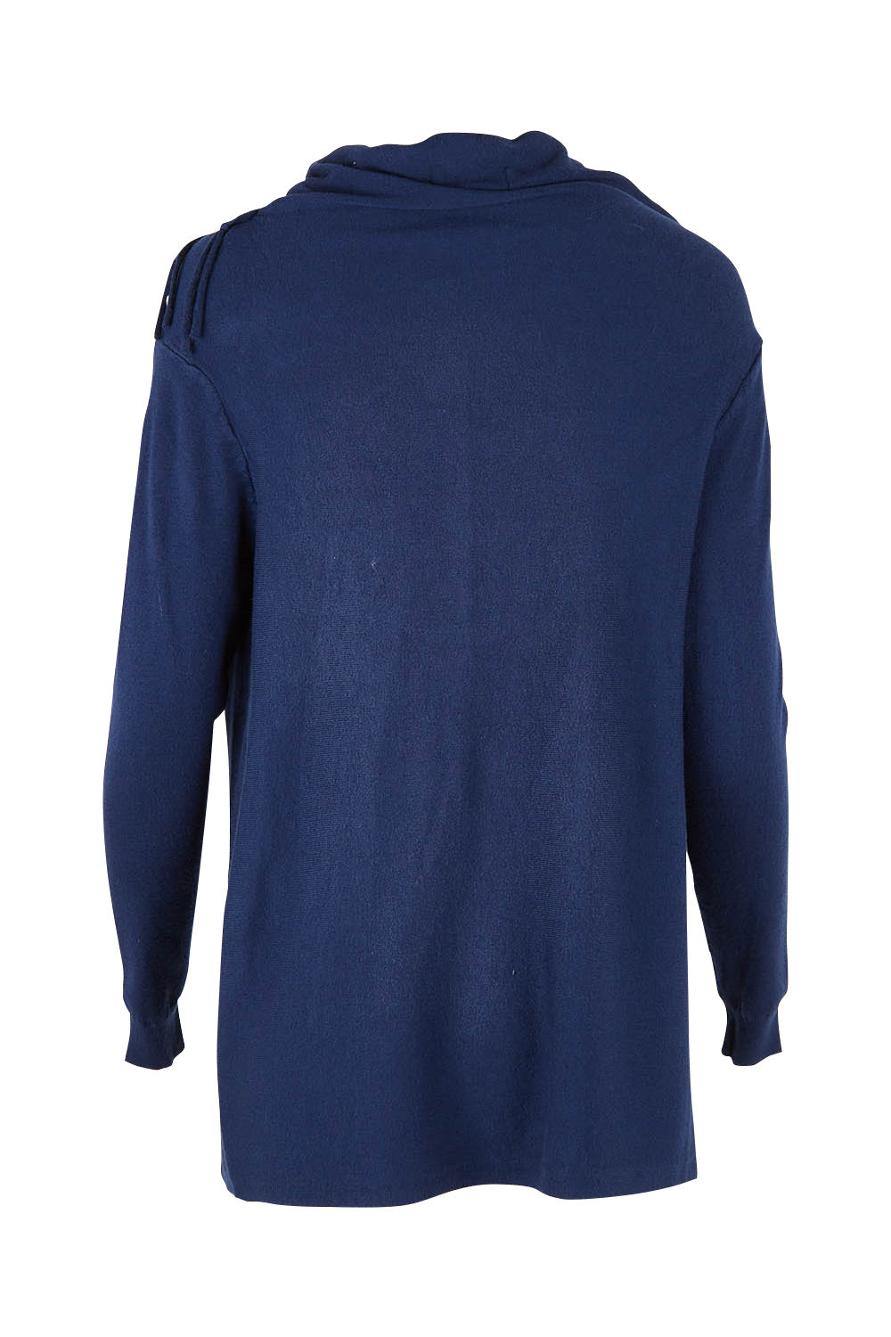 Product shot of the Long Sleeve Knit Poncho in colour Navy (Blue), from the back