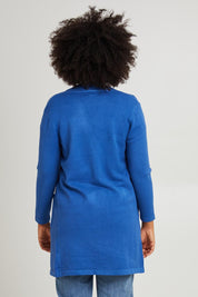 Model Olivia wearing size S of the Long Sleeve Wool Blend Cardigan in colour Denim (Blue), from the back