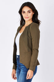 Model Monika wearing the Persuit Jacket in colour Khaki (Green), from the front, cropped image