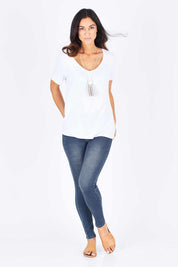 Model Gemma wearing size S of the Veronica Jean in colour MidBlue (Blue), from the front, showing the whole outfit