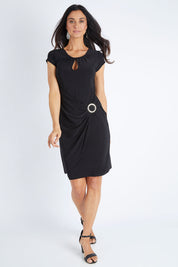 Model Gemma wearing size 10 of the Front Detail Dress in colour Black (Black), from the front, showing the whole outfit