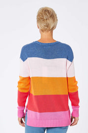 Model Amelia wearing size S of the Mega Stripe Pullover in colour Bubblegum (Pink), from the back