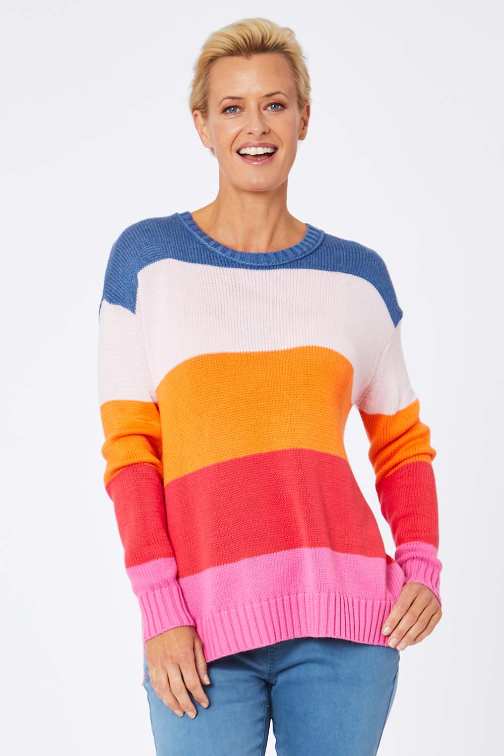 Model Amelia wearing size S of the Mega Stripe Pullover in colour Bubblegum (Pink), from the front, cropped image