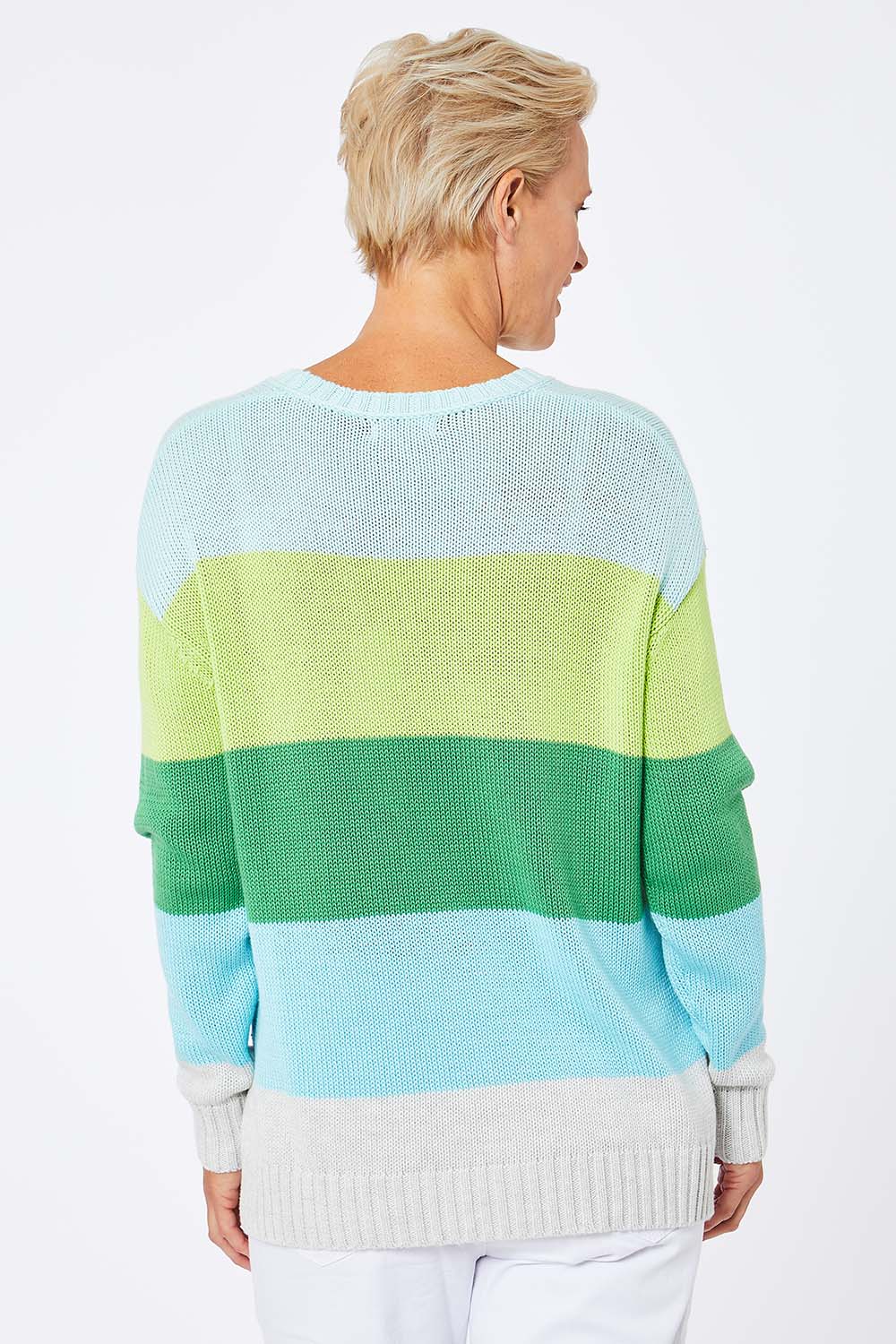 Model Amelia wearing size S of the Mega Stripe Pullover in colour Marl (Green), from the back