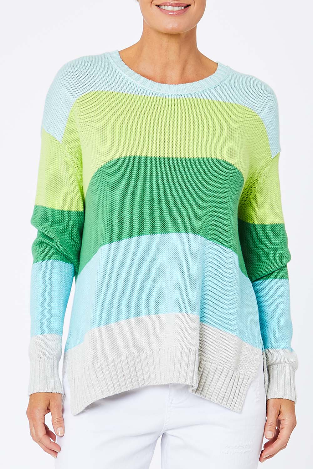 Model Amelia wearing size S of the Mega Stripe Pullover in colour Marl (Green), from the front, cropped image
