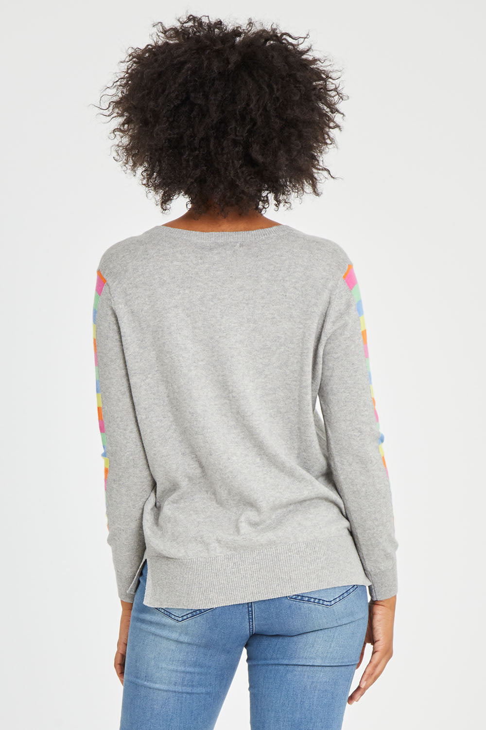 Model Olivia wearing size S of the Ladder Sleeve Jumper in colour Heathercom (Grey), from the back