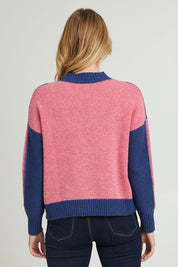 Model Grace wearing size S of the Colour Block Turtle in colour Denim (Blue), from the back