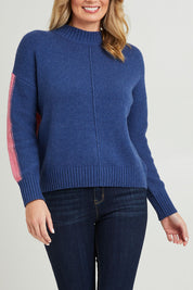 Model Grace wearing size S of the Colour Block Turtle in colour Denim (Blue), from the front, cropped image
