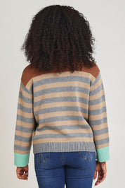 Model Ziara wearing size S of the Fairisle Cotton Merino Jumper in colour Goose, from the back
