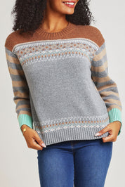 Model Ziara wearing size S of the Fairisle Cotton Merino Jumper in colour Goose, from the front, cropped image