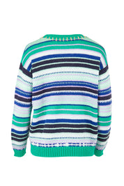 Product shot of the Stripe Merino Jumper in colour Green (Green), from the back