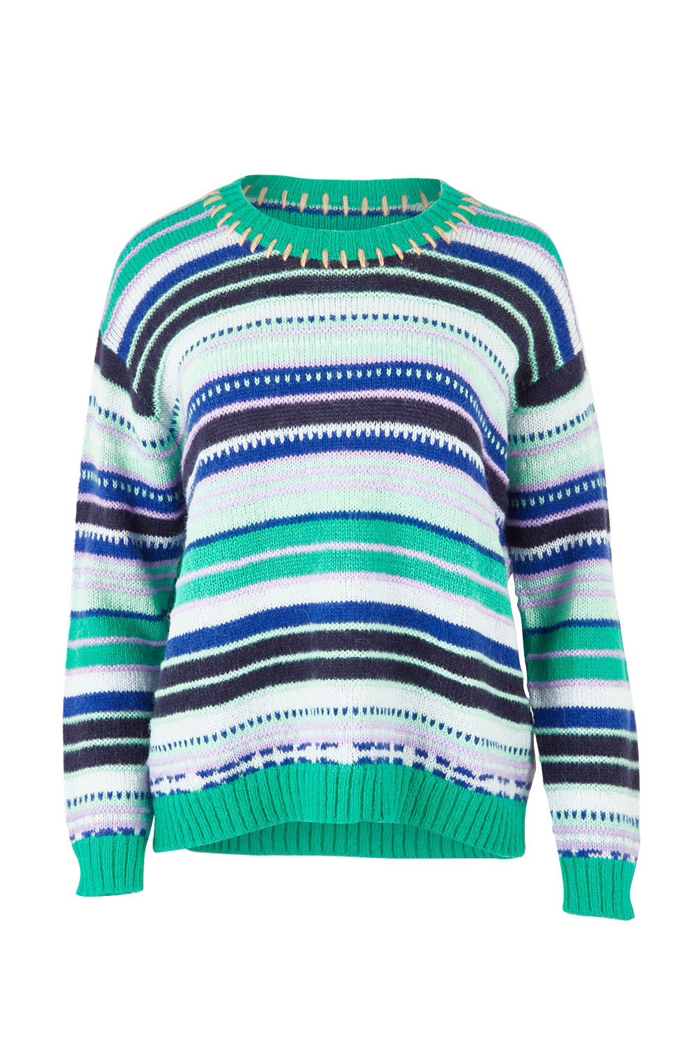 Product shot of the Stripe Merino Jumper in colour Green (Green), from the front