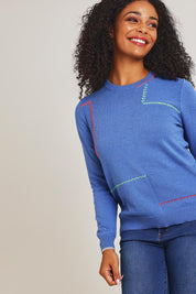 Model Ziara wearing size S of the Hancraft Cotton Cashmere Crew in colour Chambray (Blue), from the front, cropped image