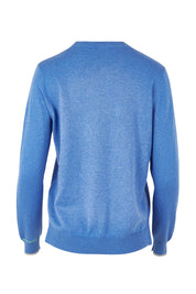 Product shot of the Hancraft Cotton Cashmere Crew in colour Chambray (Blue), from the back