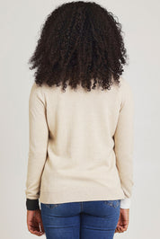 Model Ziara wearing size S of the Magestic Cotton Cashmere Crew in colour Oat, from the back