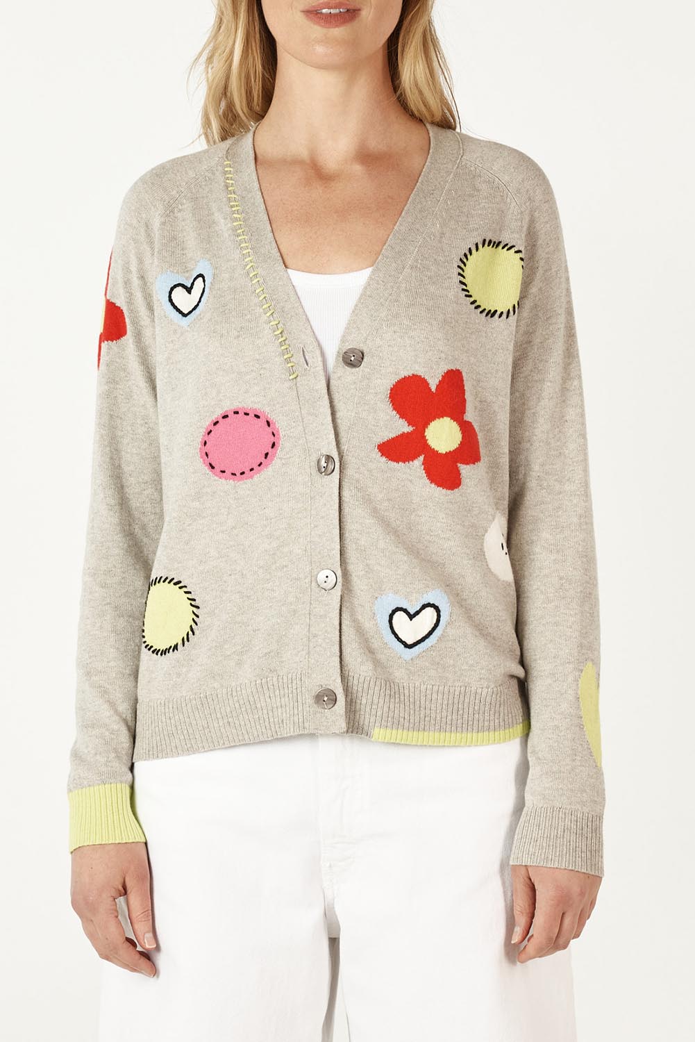 A model wearing the Happy Cotton Cashmere Cardi in colour Marl (Grey), from the front, cropped image