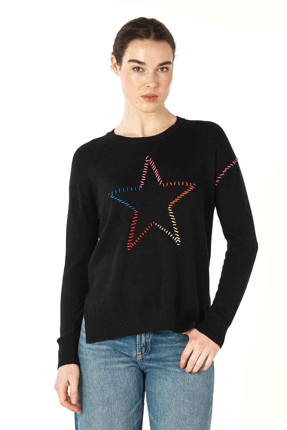A model wearing the Super Star Cotton Cashmere Jumper in colour Black (Black), from the front, cropped image