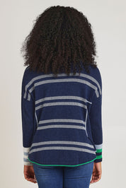 Model Ziara wearing size S of the Birdseye Cotton Cashmere Jumper in colour Denim (Blue), from the back