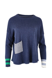 Product shot of the Birdseye Cotton Cashmere Jumper in colour Denim (Blue), from the front