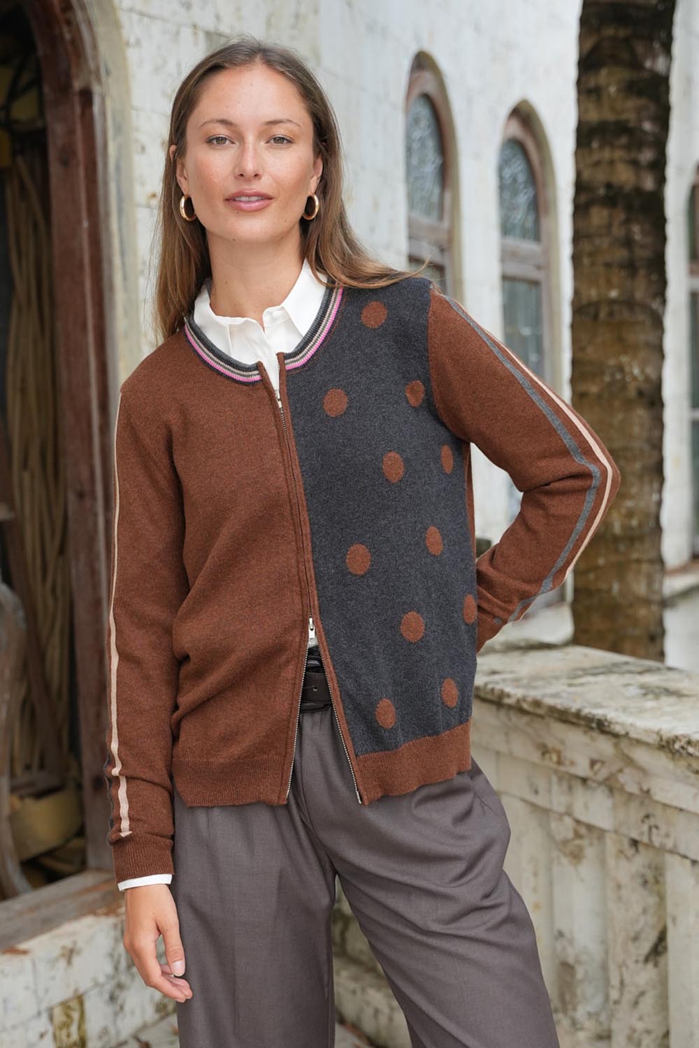 Stripe Spot Zip Up Cotton Cashmere Cardi – Coffee