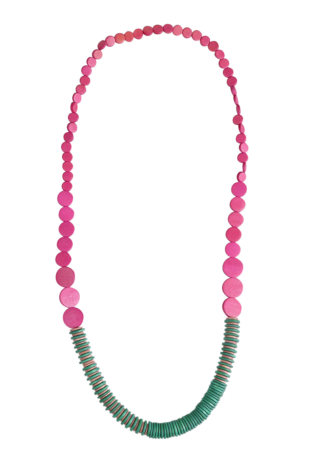 Product shot of the Laroda Wooden Necklace in colour Greenpink, from the front