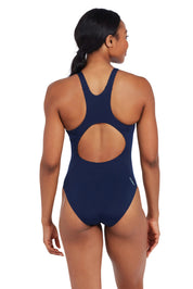 A model wearing the Cottesloe Powerback One Piece in colour Navy (Blue), from the back