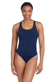 A model wearing the Cottesloe Powerback One Piece in colour Navy (Blue), from the front, cropped image