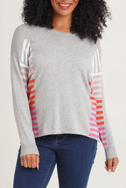 Model Ziara wearing size S of the Side Stripe Cotton Cashmere Jumper in colour Ltmarle (Grey), from the front, cropped image