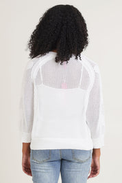 Model Ziara wearing size S of the Hearts On My Sleeve Cotton Knit in colour White (White), from the back