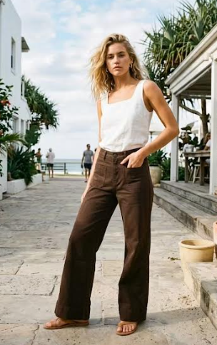 Katie High-waisted Front Pocket Wide Leg Jean - Chocolate