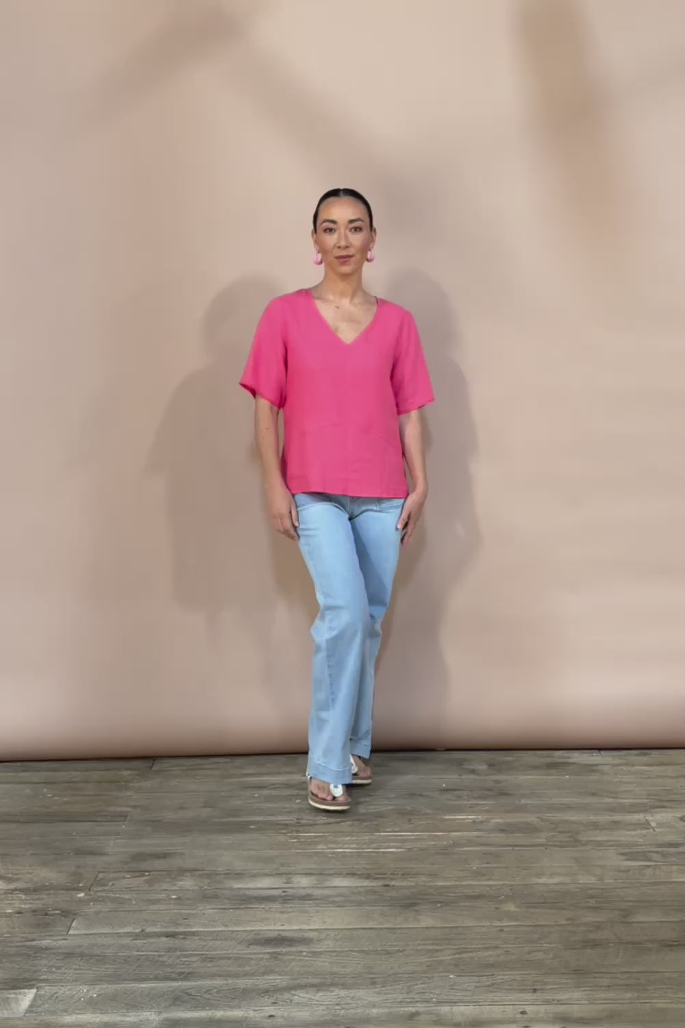 Linen Elastane V Neck Blouse - Melon