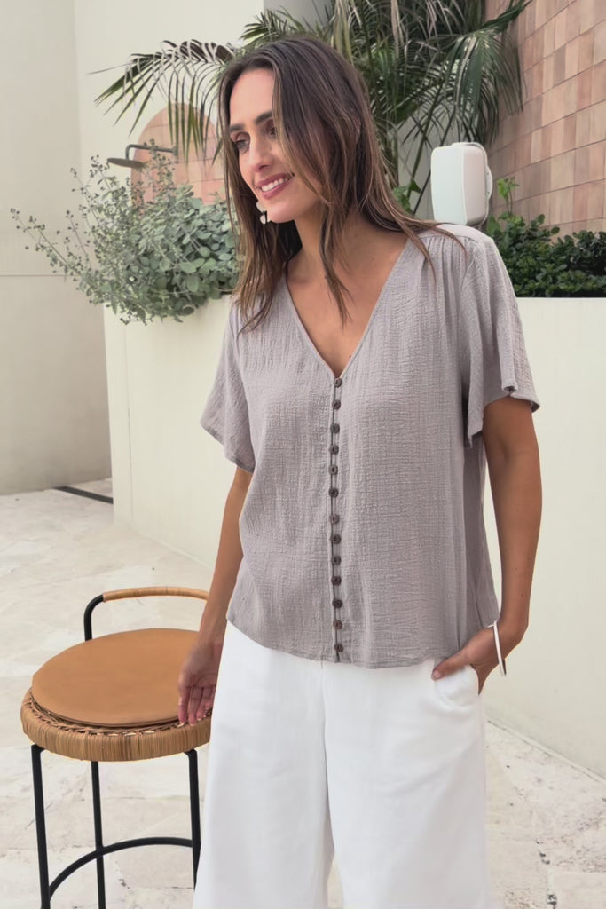 Cute As A Button Cotton Blouse – Smoke