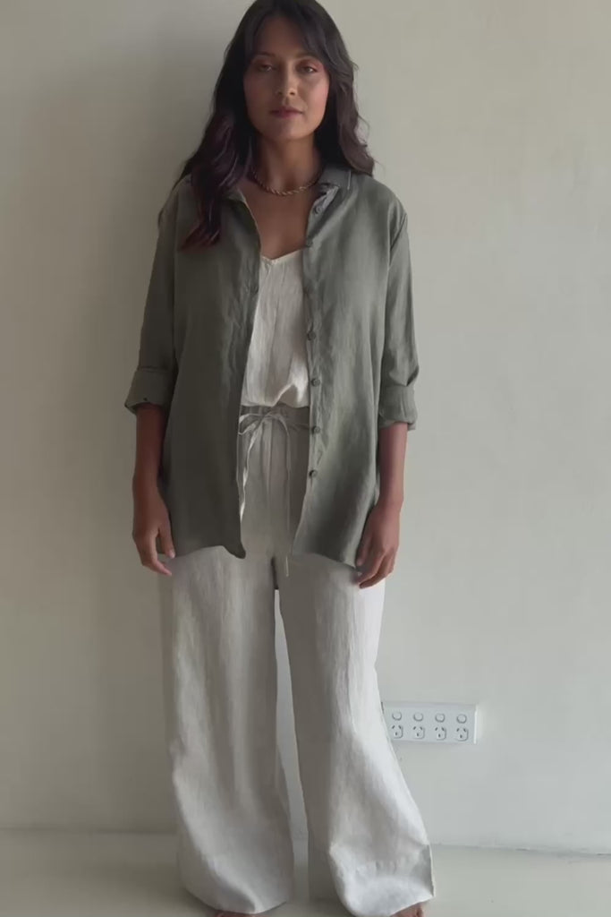Linen Oversized Boyfriend Shirt - Olive