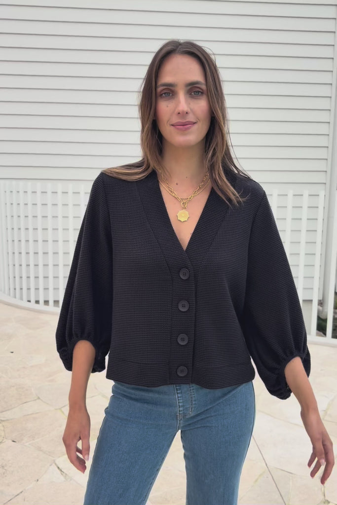 Easy Day Balloon Sleeve Cropped Cardi – Black