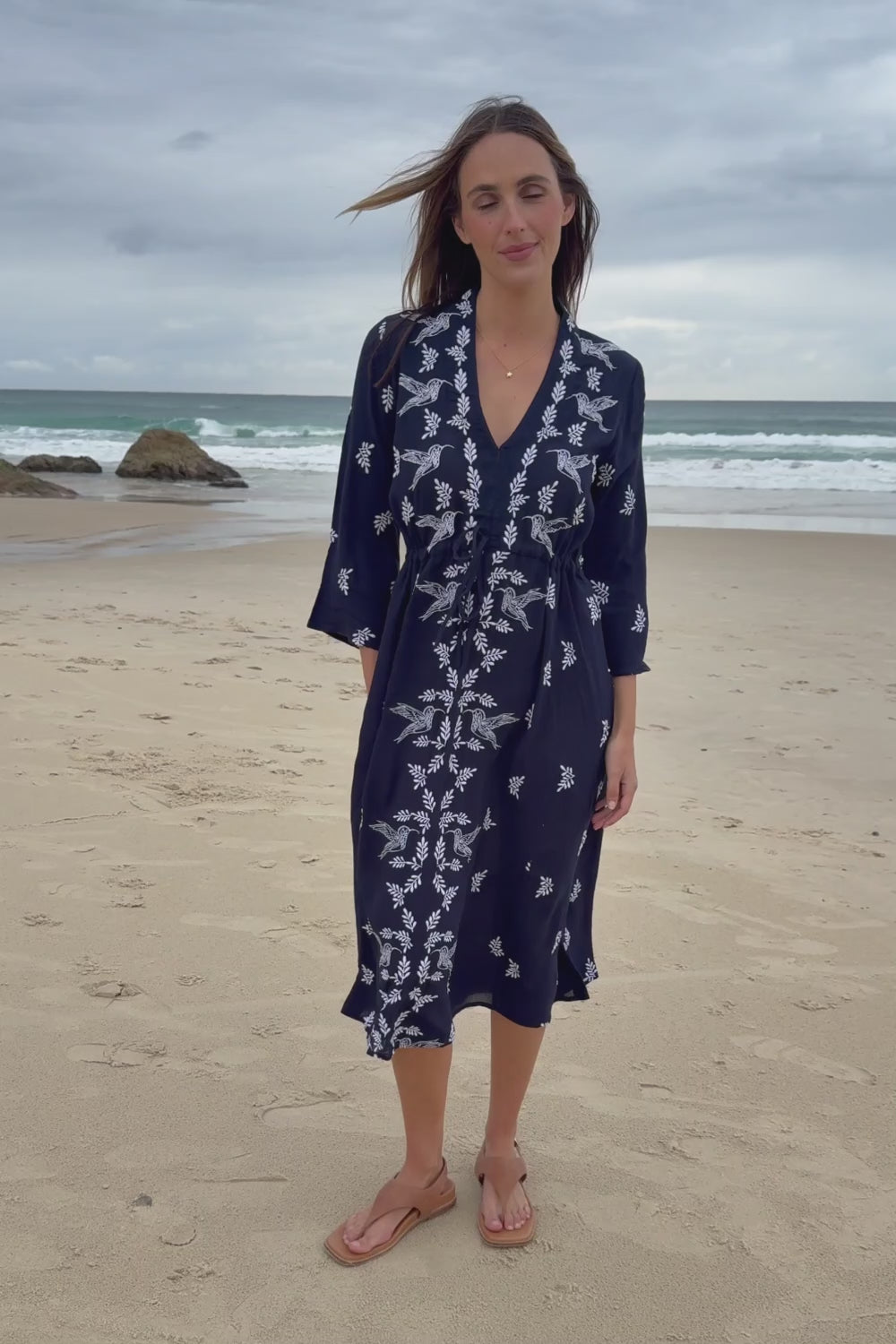 Dancing With Birds Midi Dress - Deepblue